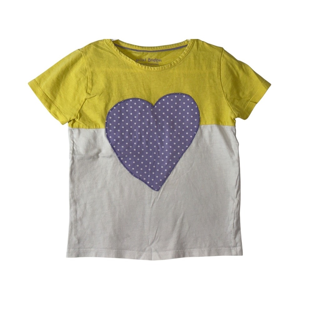Mini Boden Girls Yellow & White T-Shirt With Polka Dot Heart 4-5Y 100% Cotton